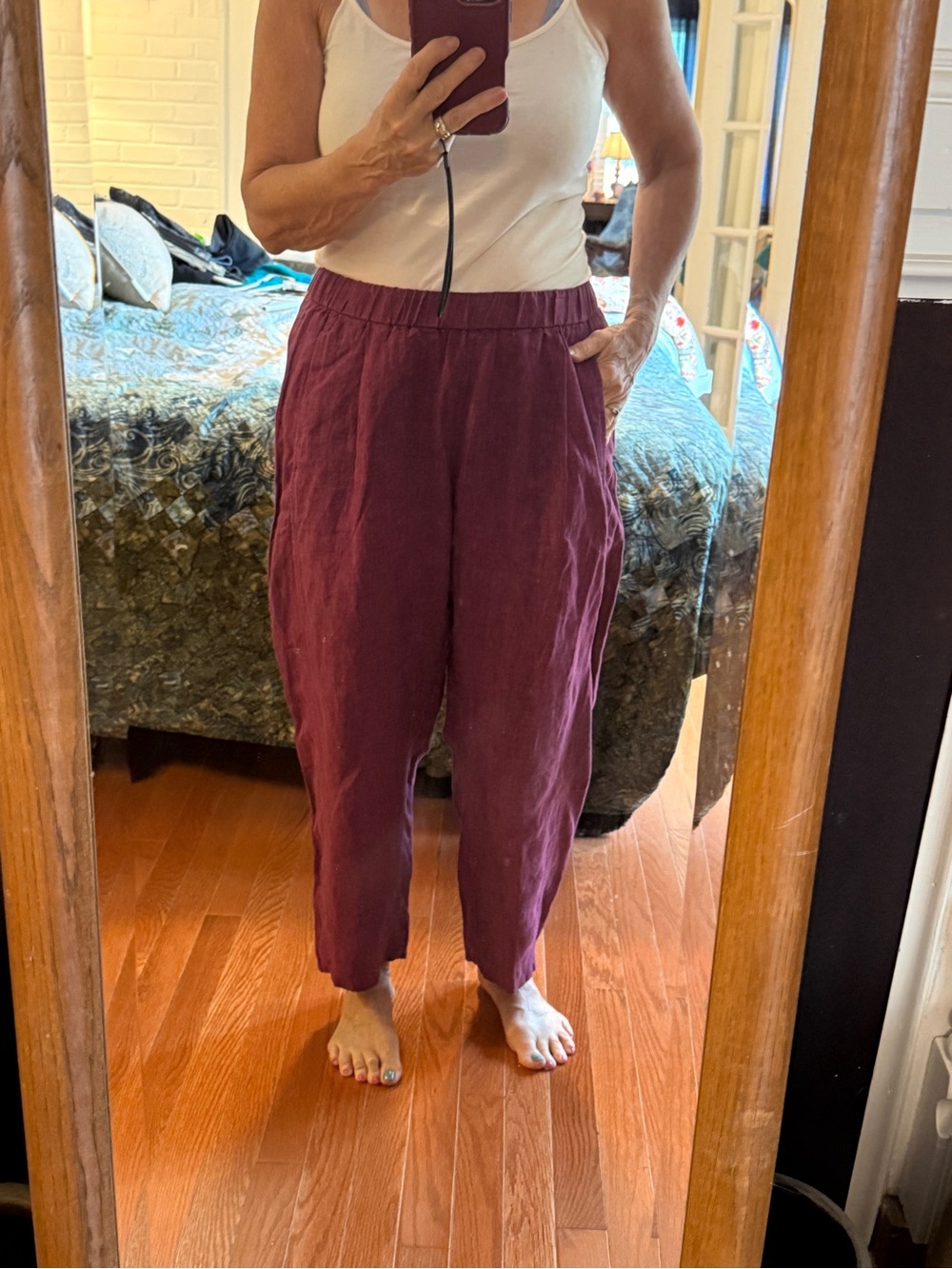Eileen Fisher Plum Linen Elastic Waist Pants